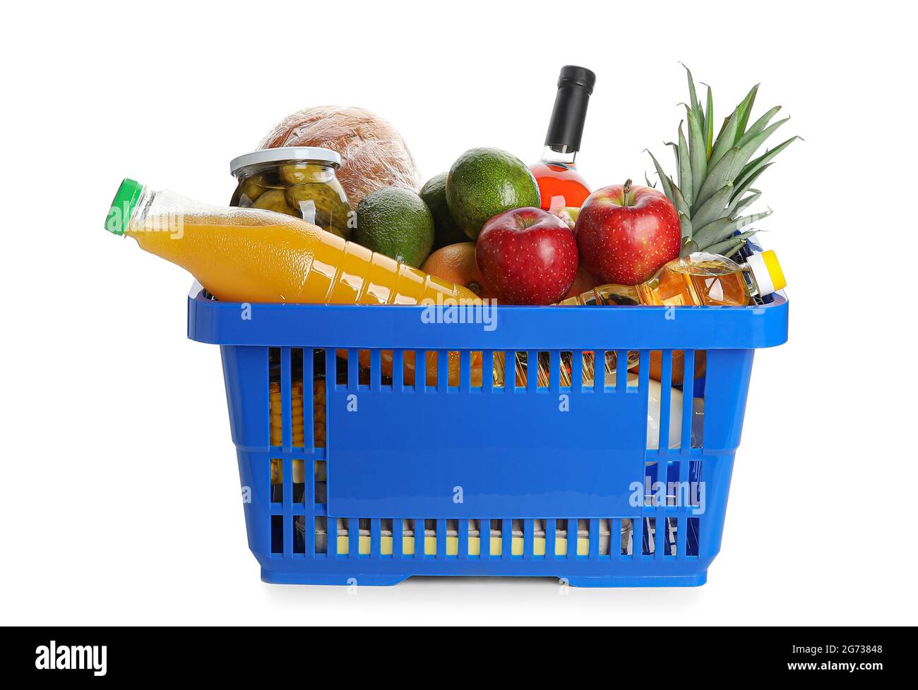 Shopping basket with food on white background Stock Photo Alamy