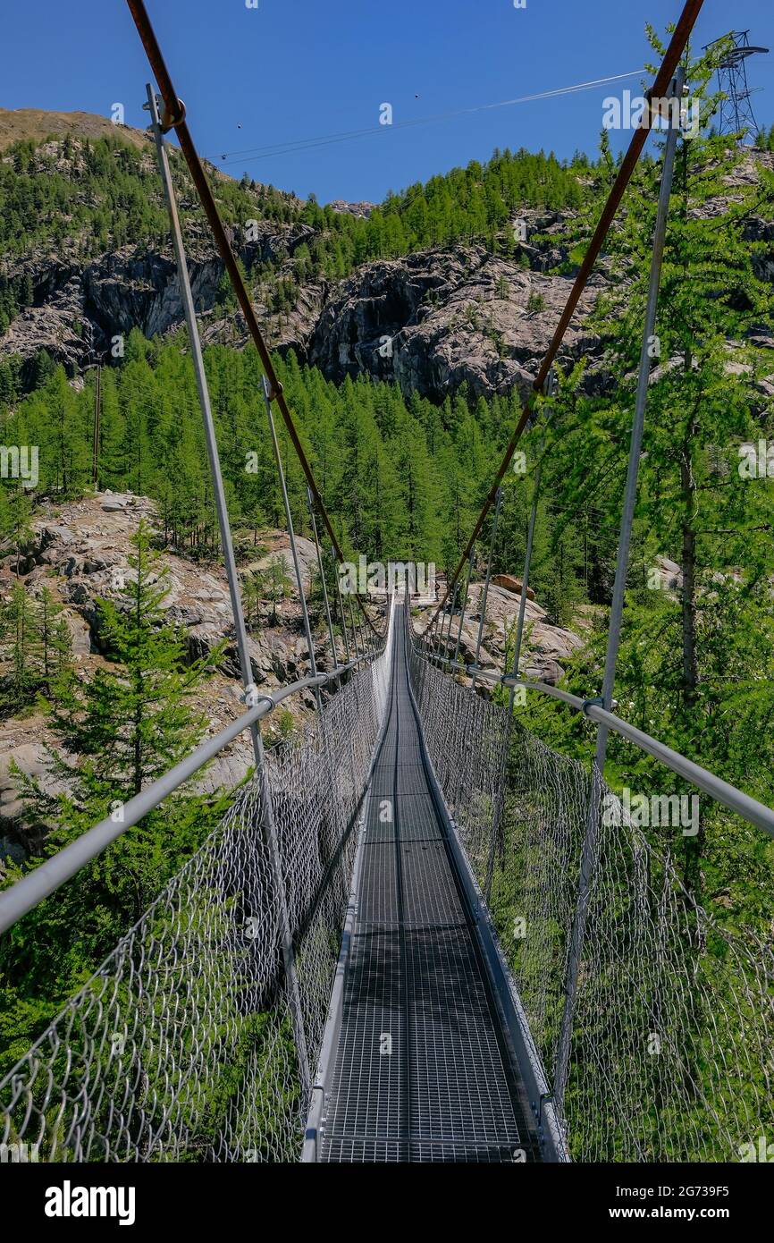 Suspension Bridge in the Swiss Alps Furi, Zermatt, Switzerland