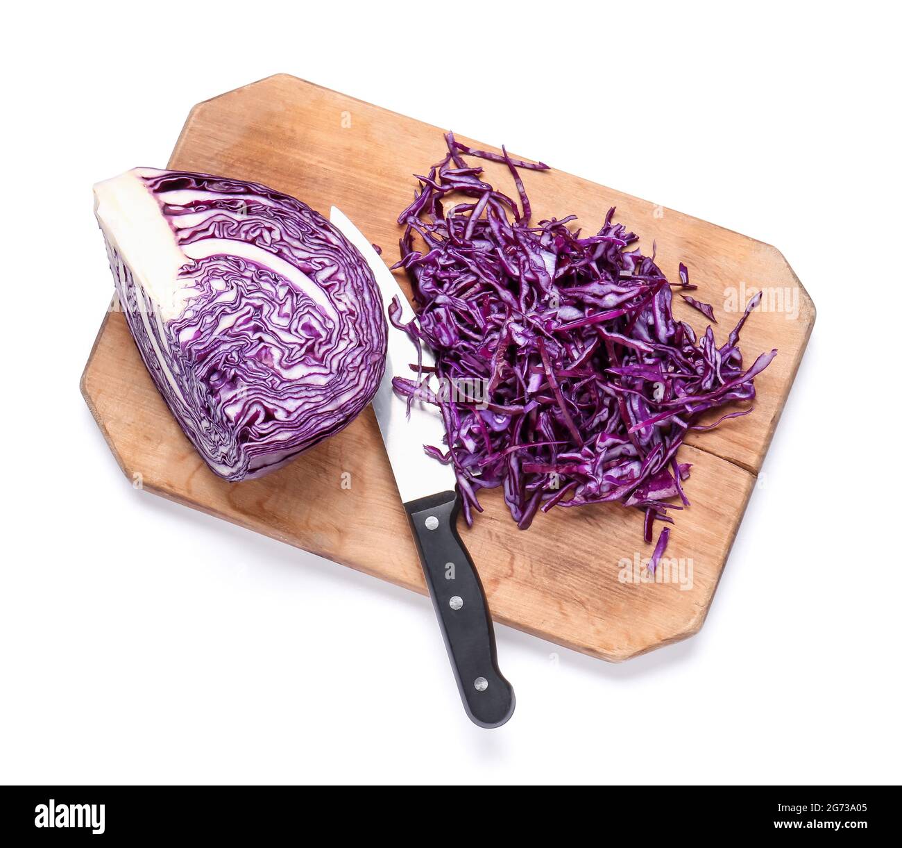 Board with cut fresh purple cabbage on white background Stock Photo - Alamy