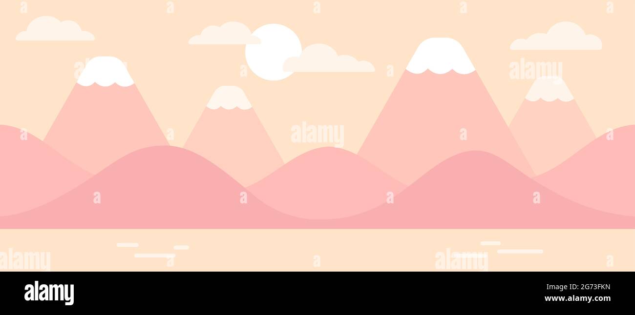 Mountain and hill coast landscape in pastel pink sunrise colors. Simple flat vector design, seamless background illustration. Stock Vector