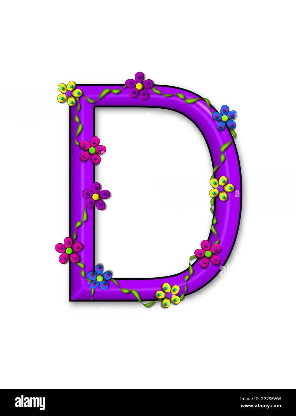 Alphabet letter D, in the set 'Bursting Blooms' is a purple 3D letter.  It is decorated with flowers and blooms climbing the letter in a pallette of b Stock Photo