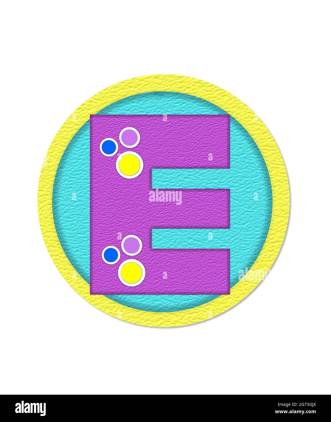 The letter E, in the alphabet set "Crinkle Paper", is purple with large polka dots in yellow
