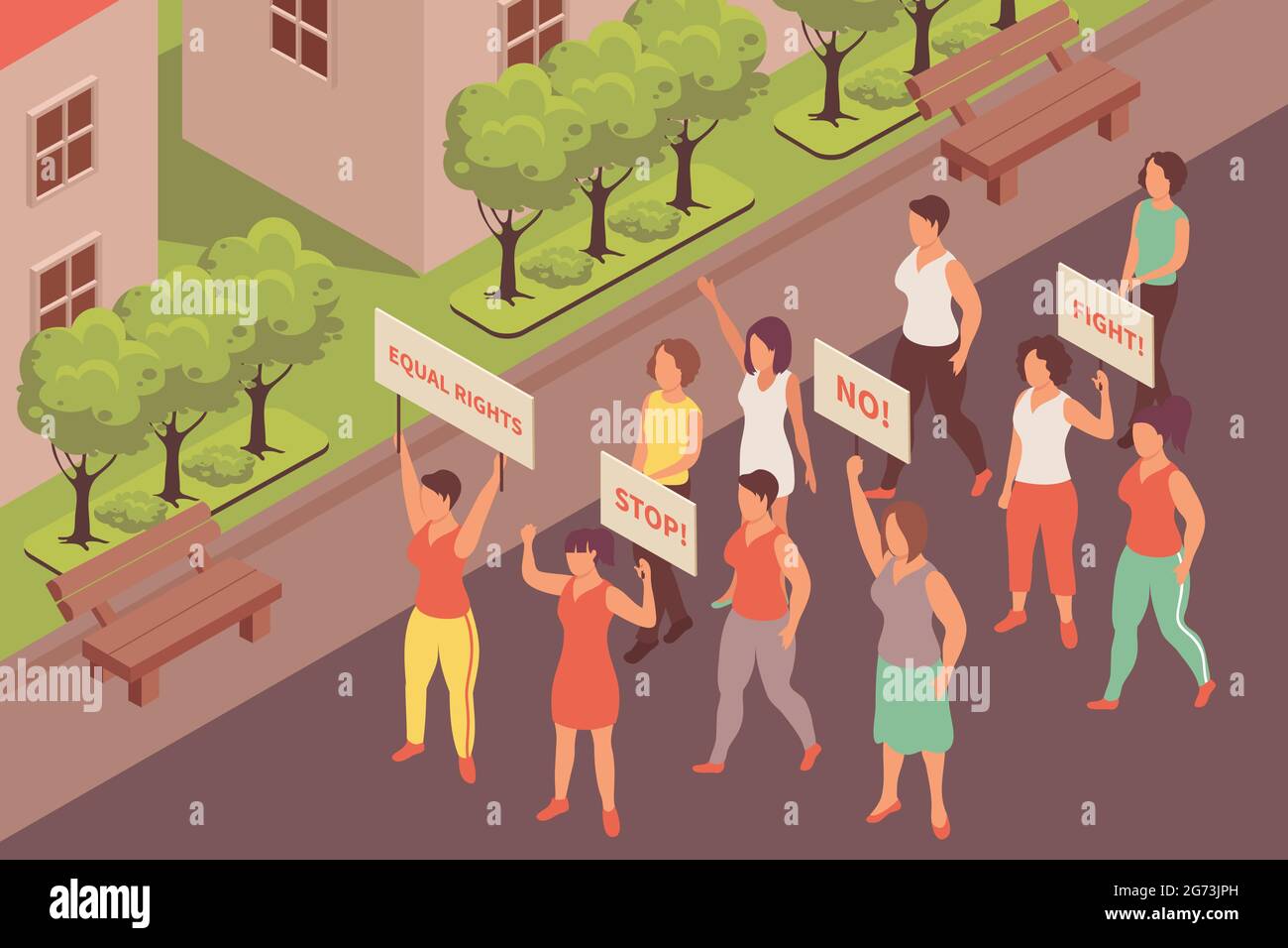 Feminism isometric background with group of female activists for women