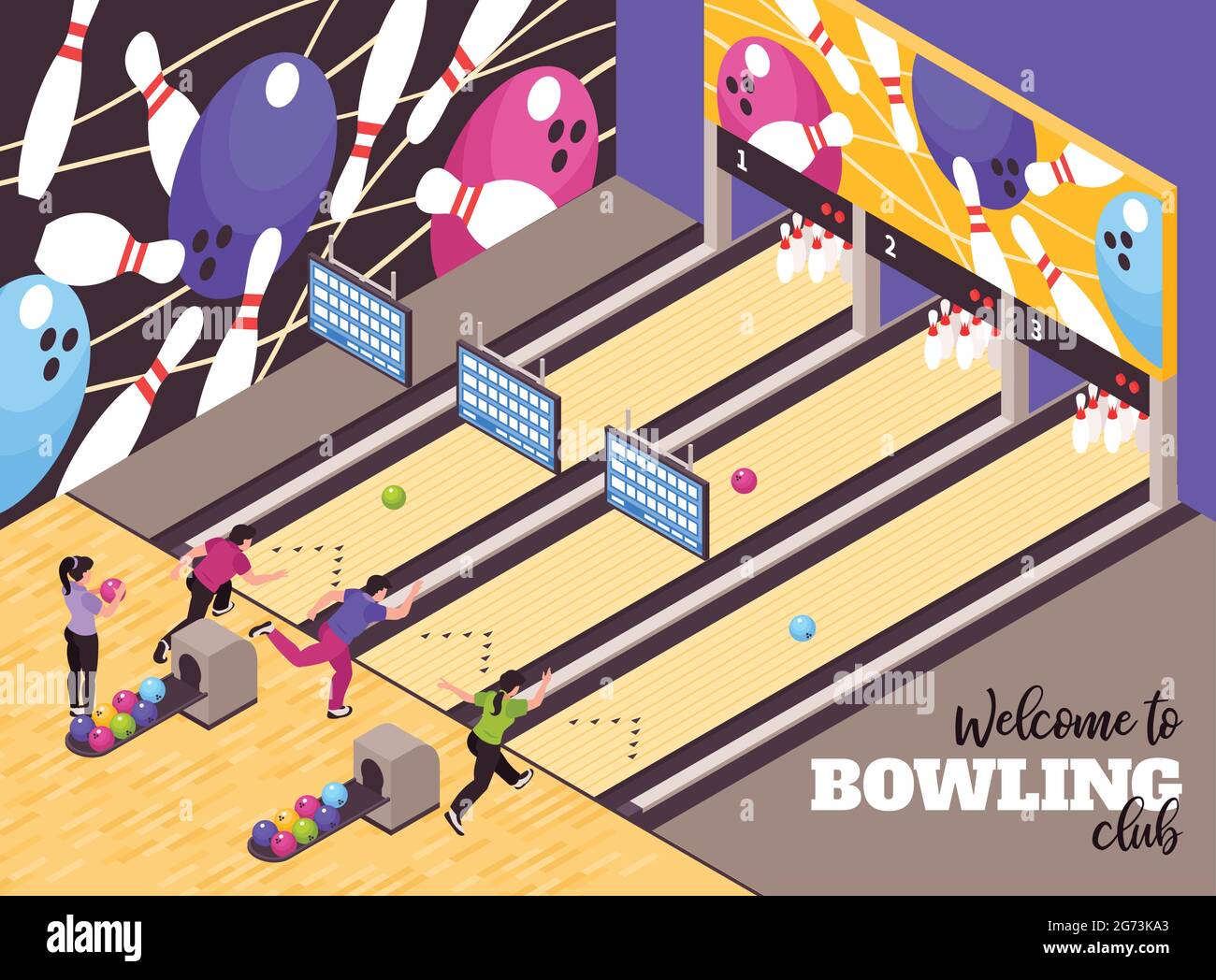 Bowling alley party center lounge  welcoming clients isometric advertisement poster with club members playing game vector illustration Stock Vector