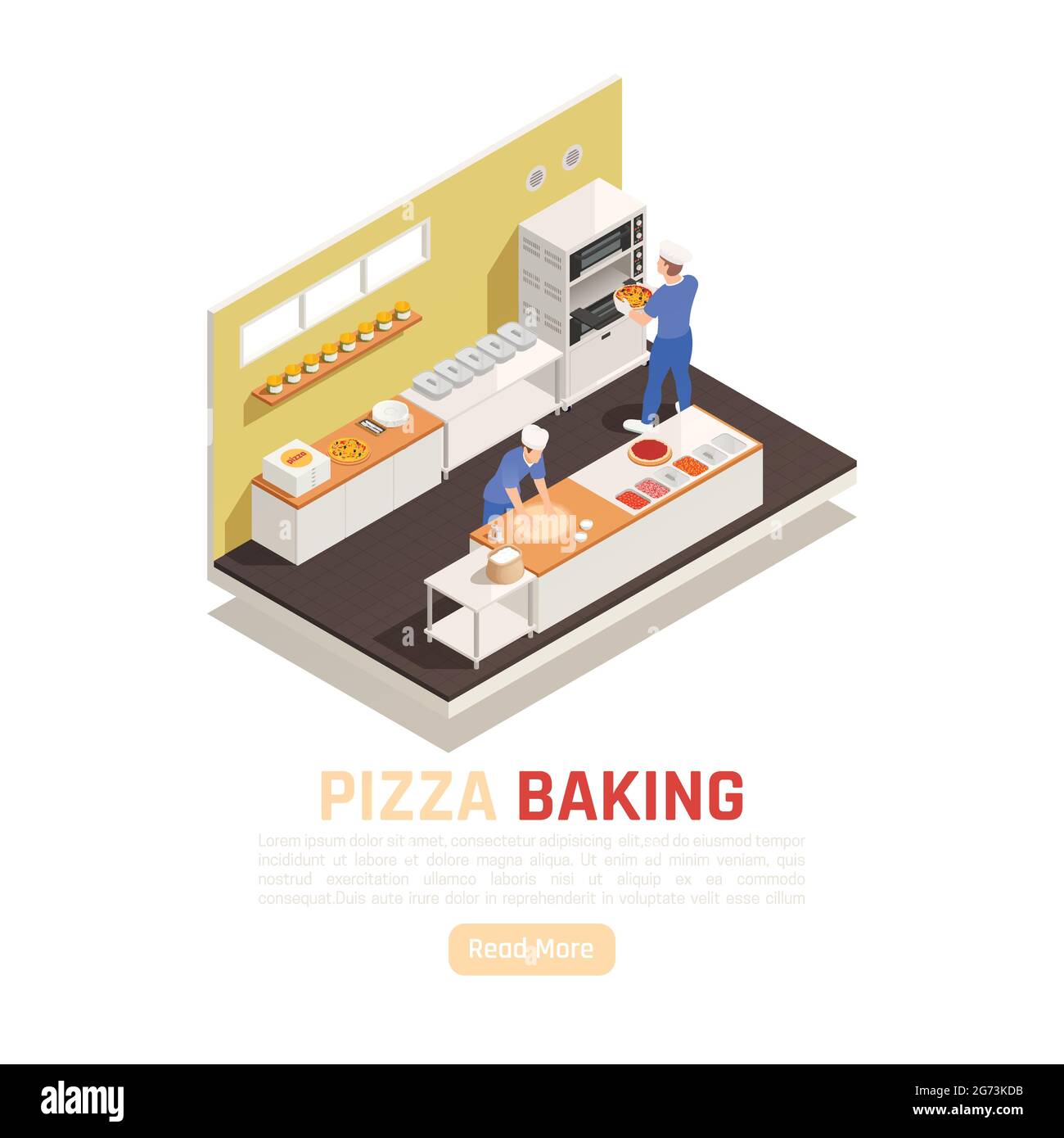 Pizza shop baking and service area isometric composition with dough