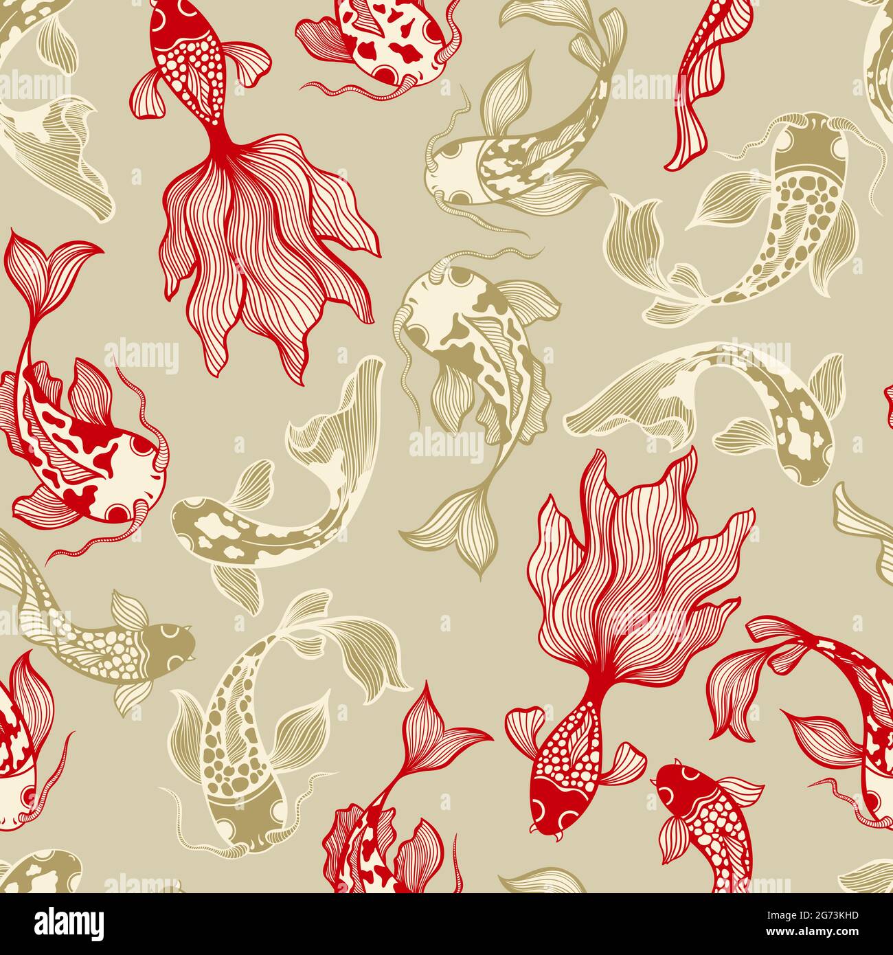 Japanese Koi Fish Vector Seamless Pattern in Neutral Colors Stock Vector