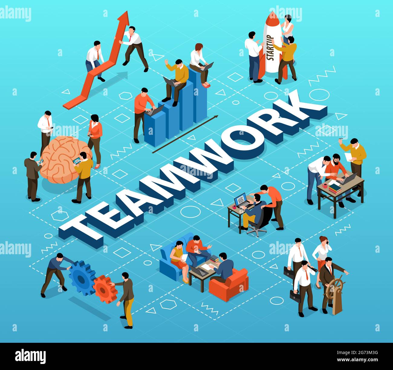 Teamwork isometric flowchart title lettering with brainstorm efficient