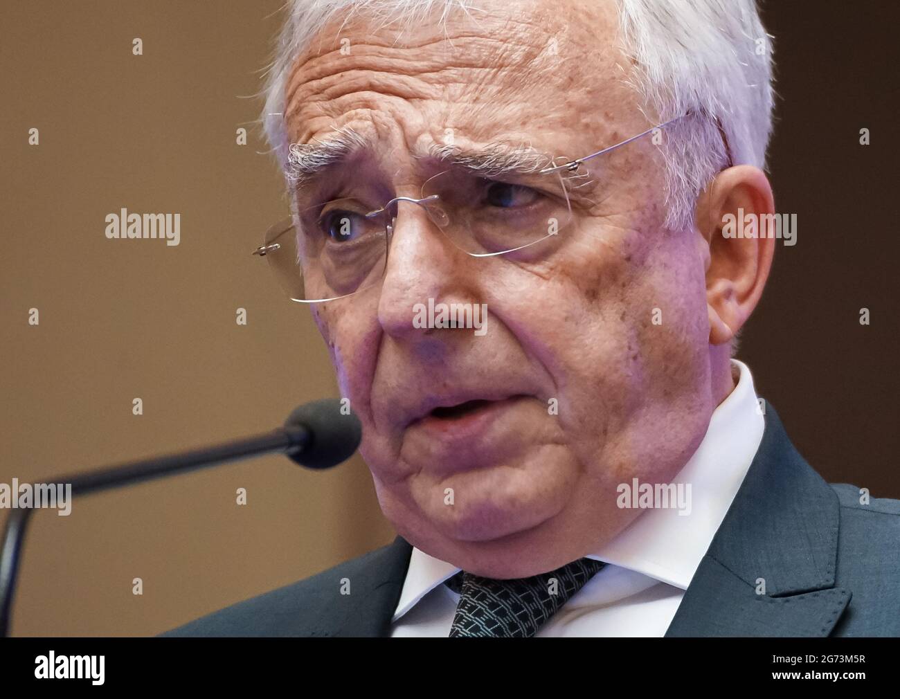 Bucharest, Romania - July 07, 2021: BNR Governor Mugur Isarescu speak about the decisions of the National Bank of Romania board on monetary policy iss Stock Photo