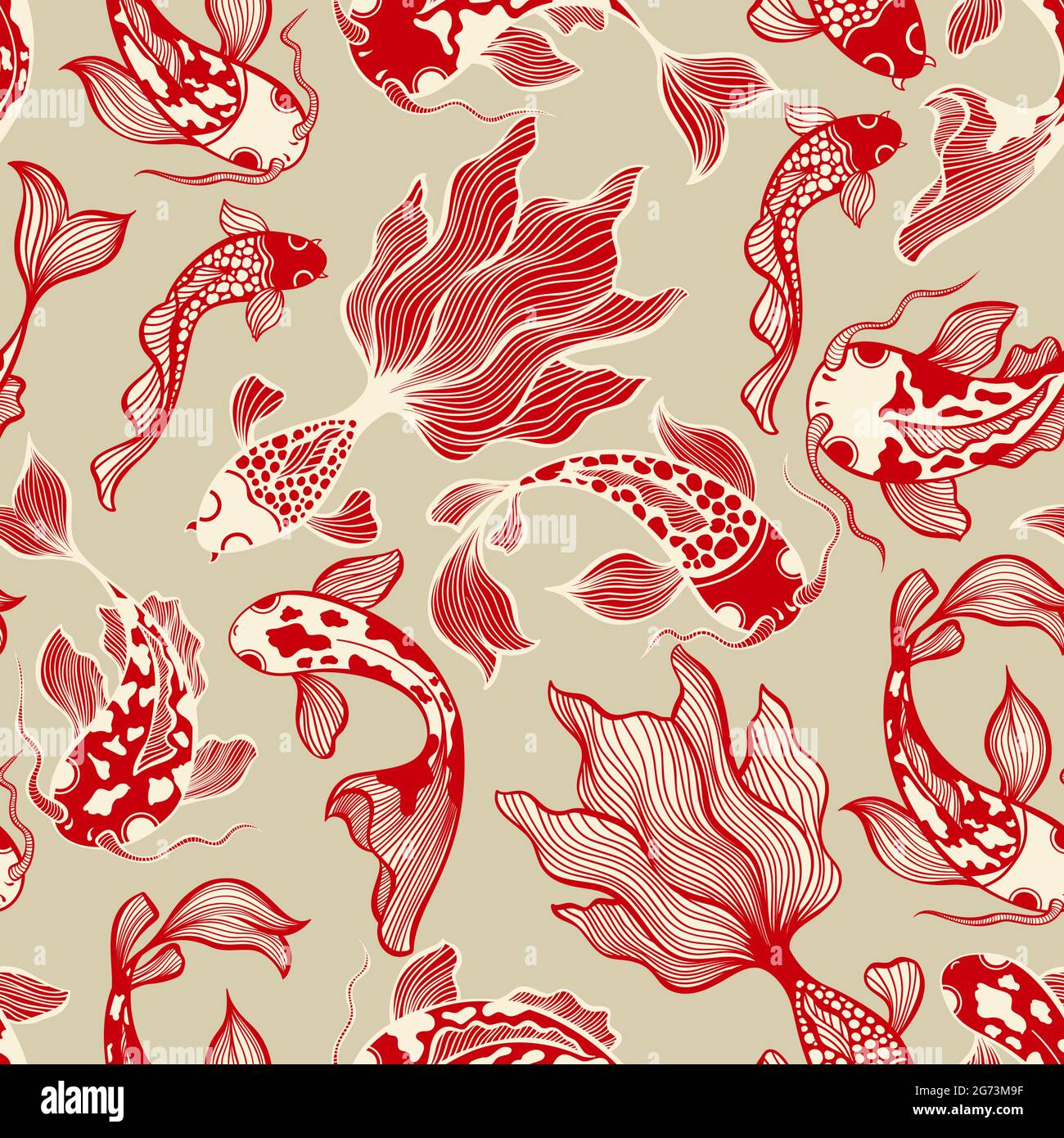 Japanese Koi Fish Vector Seamless Pattern in Neutral Colors Stock Vector