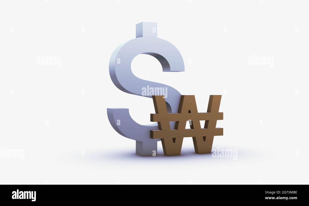 Exchange rating of Dollar and South Korean won Isolated on a White