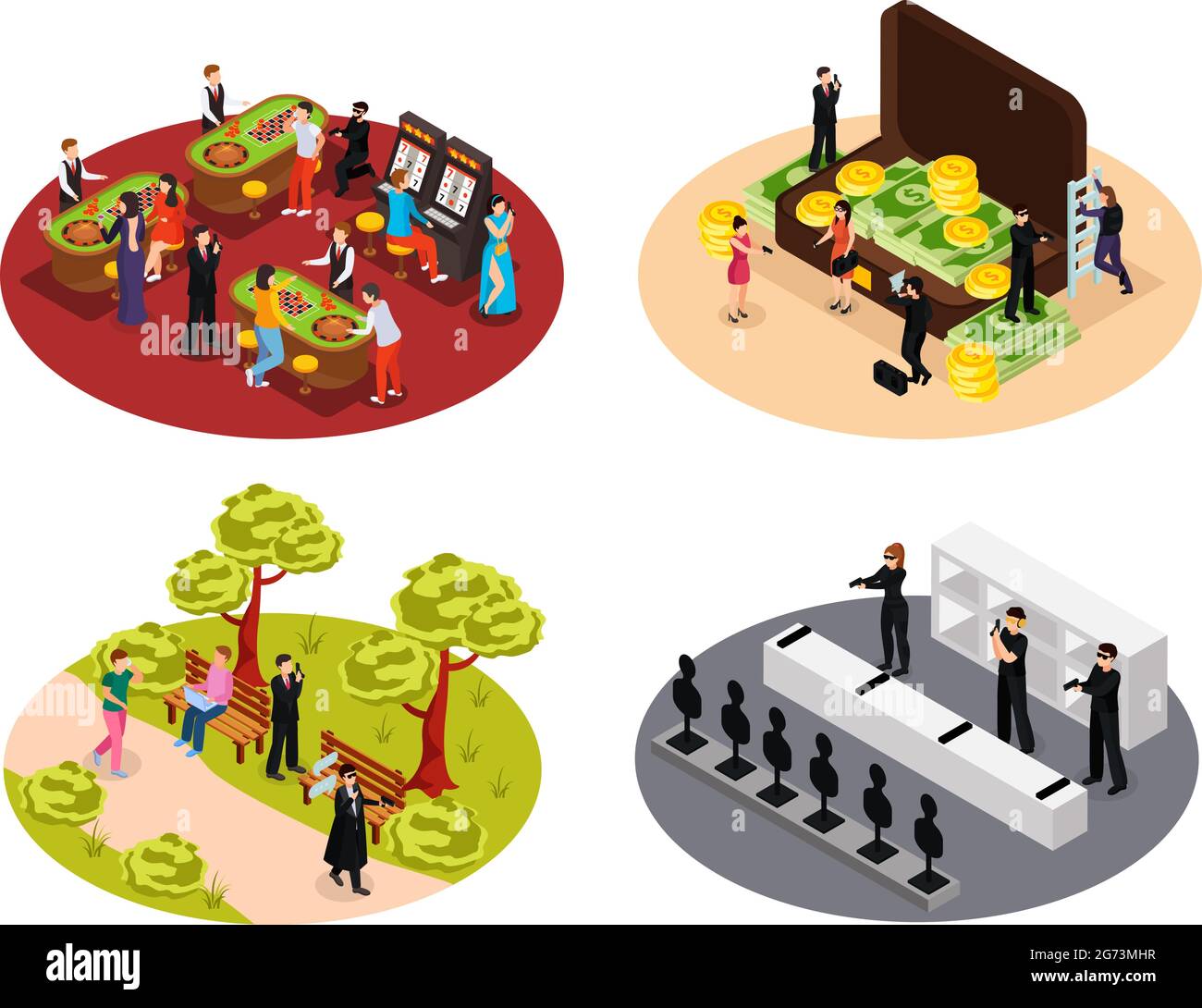 Special agent spy isometric 4x1 collection of isolated round compositions with covert operatives in various environments vector illustration Stock Vector