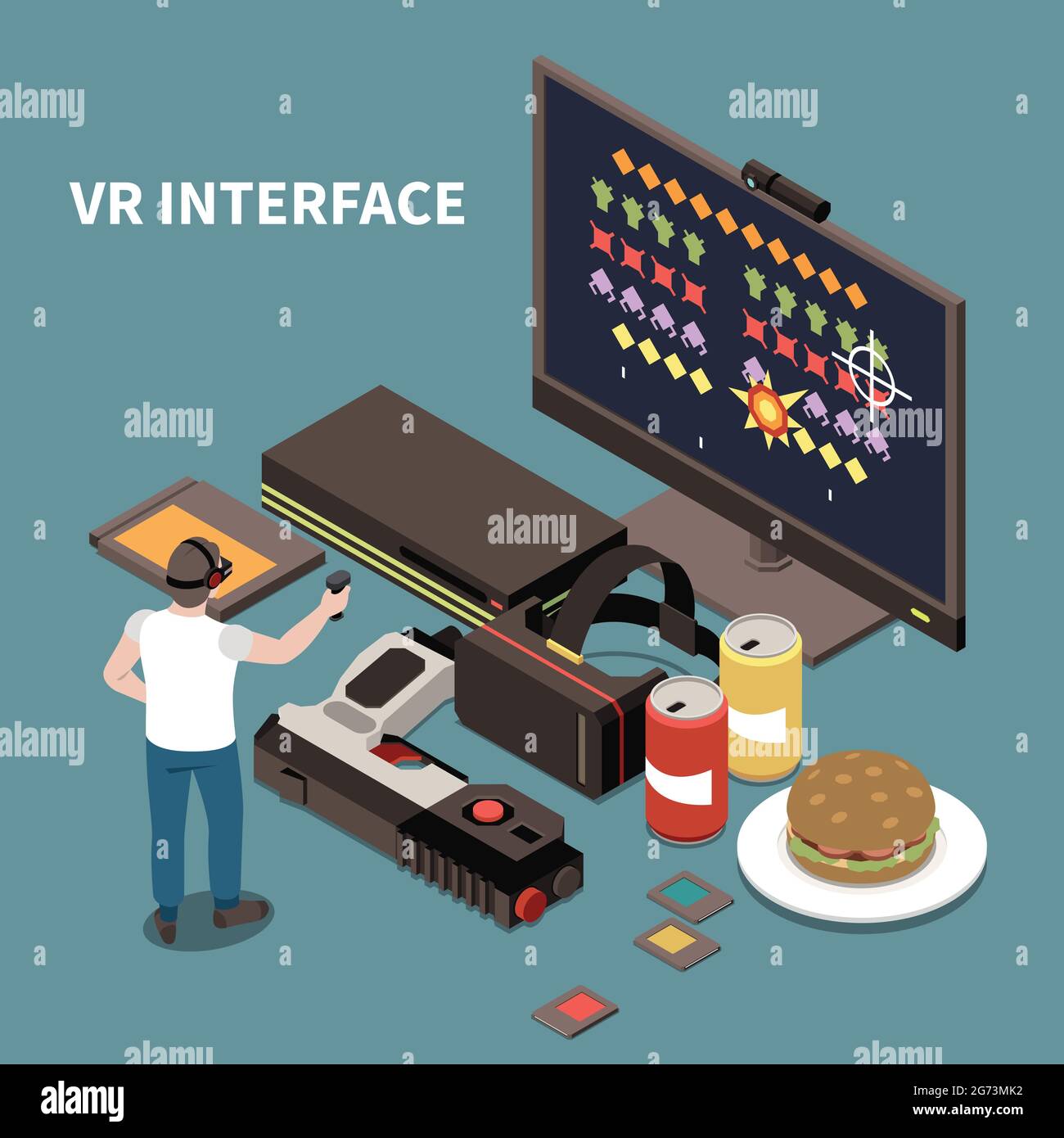 People and interfaces isometric poster with man wearing virtual reality