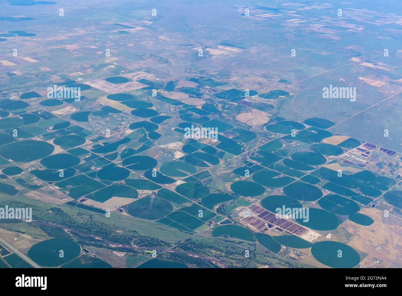 Aircraft view agriculture circled fields in the desert near Denver, Colorado, USA Stock Photo