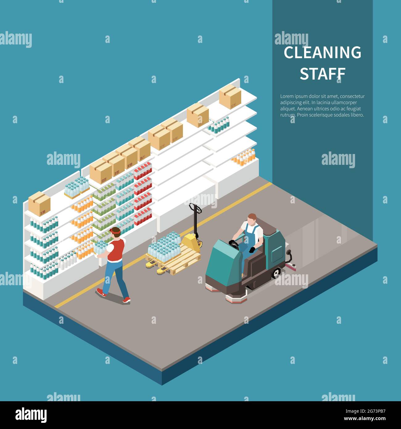 Professional cleaning service isometric composition with warehouse store space   floor buffer heavy duty industrial machinery vector illustration Stock Vector