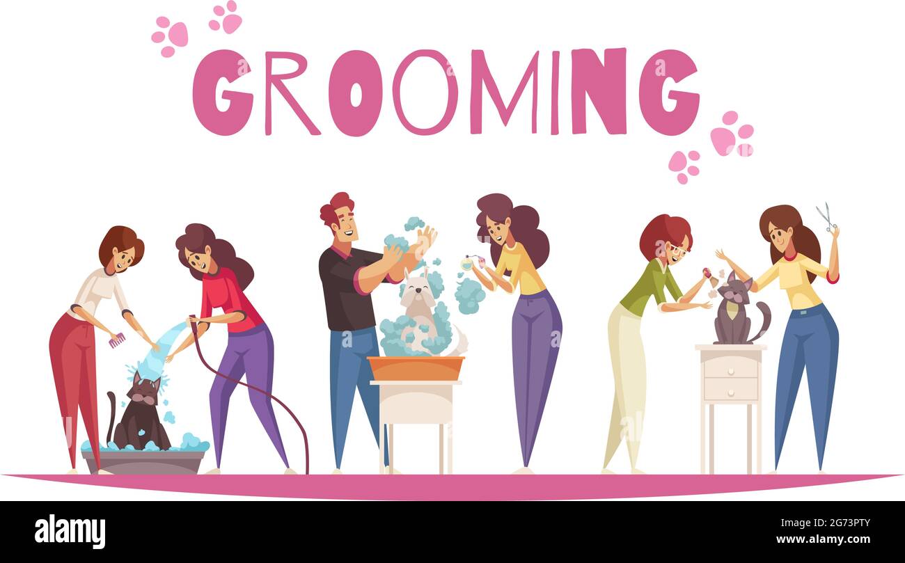 Grooming service concept with cats and dogs hygiene symbols flat vector