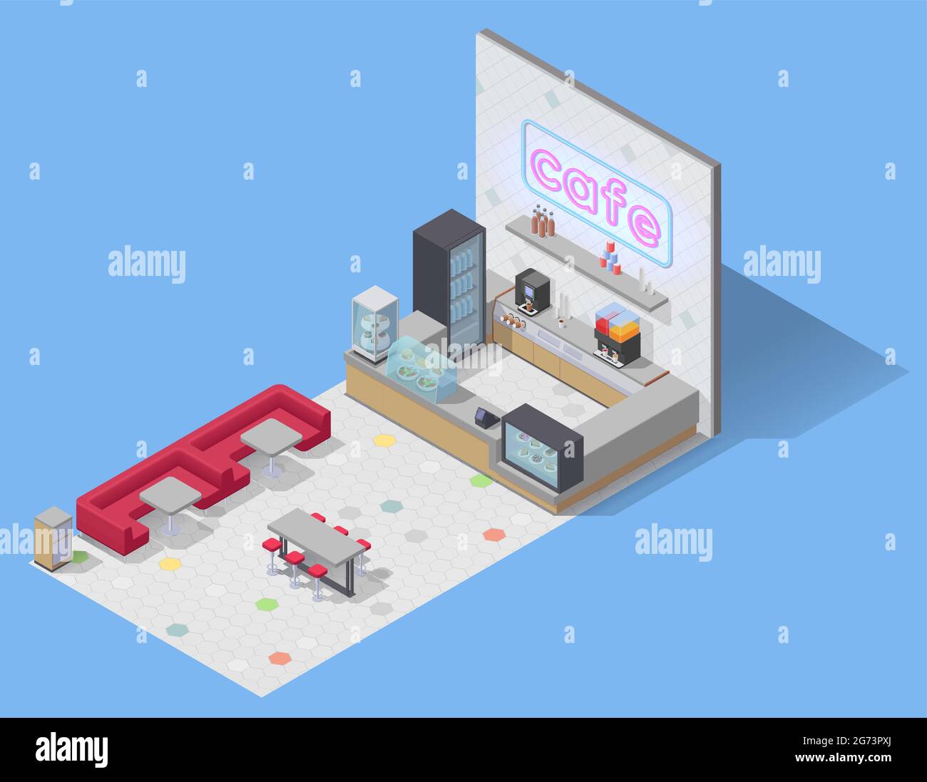 Food Court Isometric Composition With View Of Empty Cafe With Sofa Seats Tables And Bar Counter Vector Illustration Stock Vector Image Art Alamy