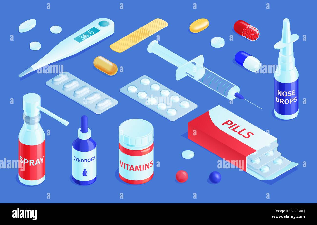 Isometric medicine pharmacy set with isolated images of medical