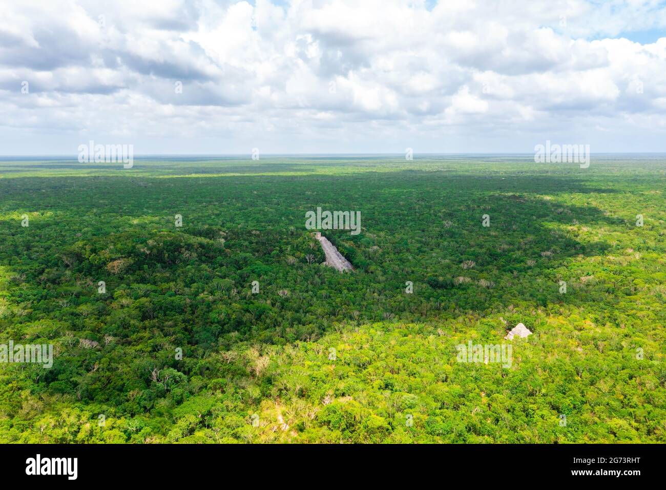 Aerial view of the Maya pyramid lost in the middle of a jungle. Stock Photo
