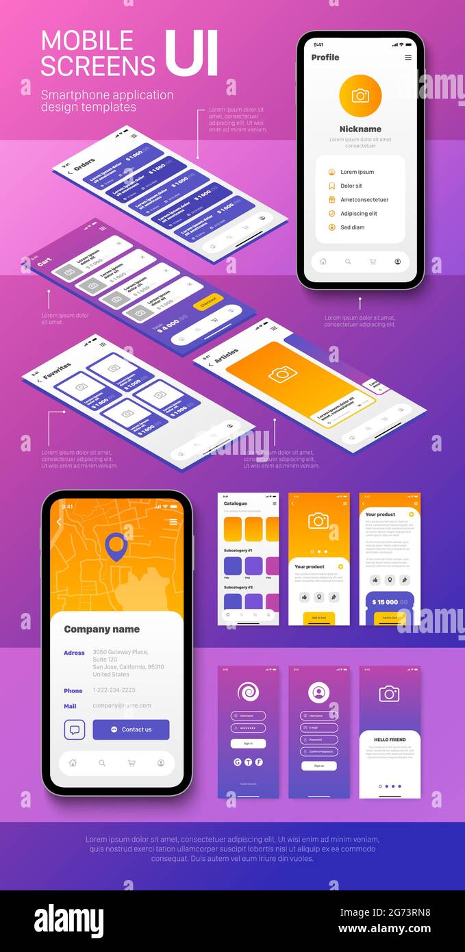 Flat vertical poster illustrated smartphone screens with design templates of user interfaces for mobile applications vector illustration Stock Vector