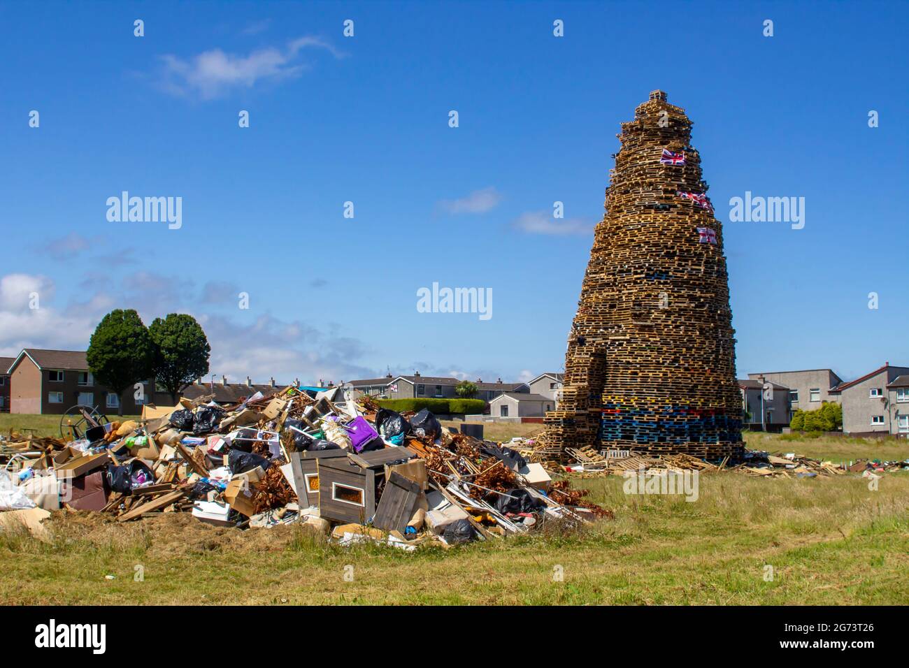 9 July 2021 The site of the Protestant Kilcooley Estate bonfire which is being built for burning on the night of the 11th July. This annual event cele Stock Photo
