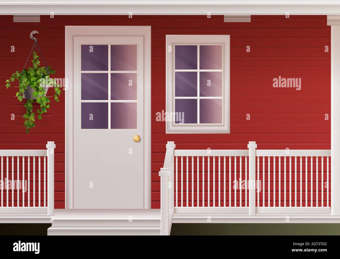 Private country cottage house facade with entrance door and fenced ...