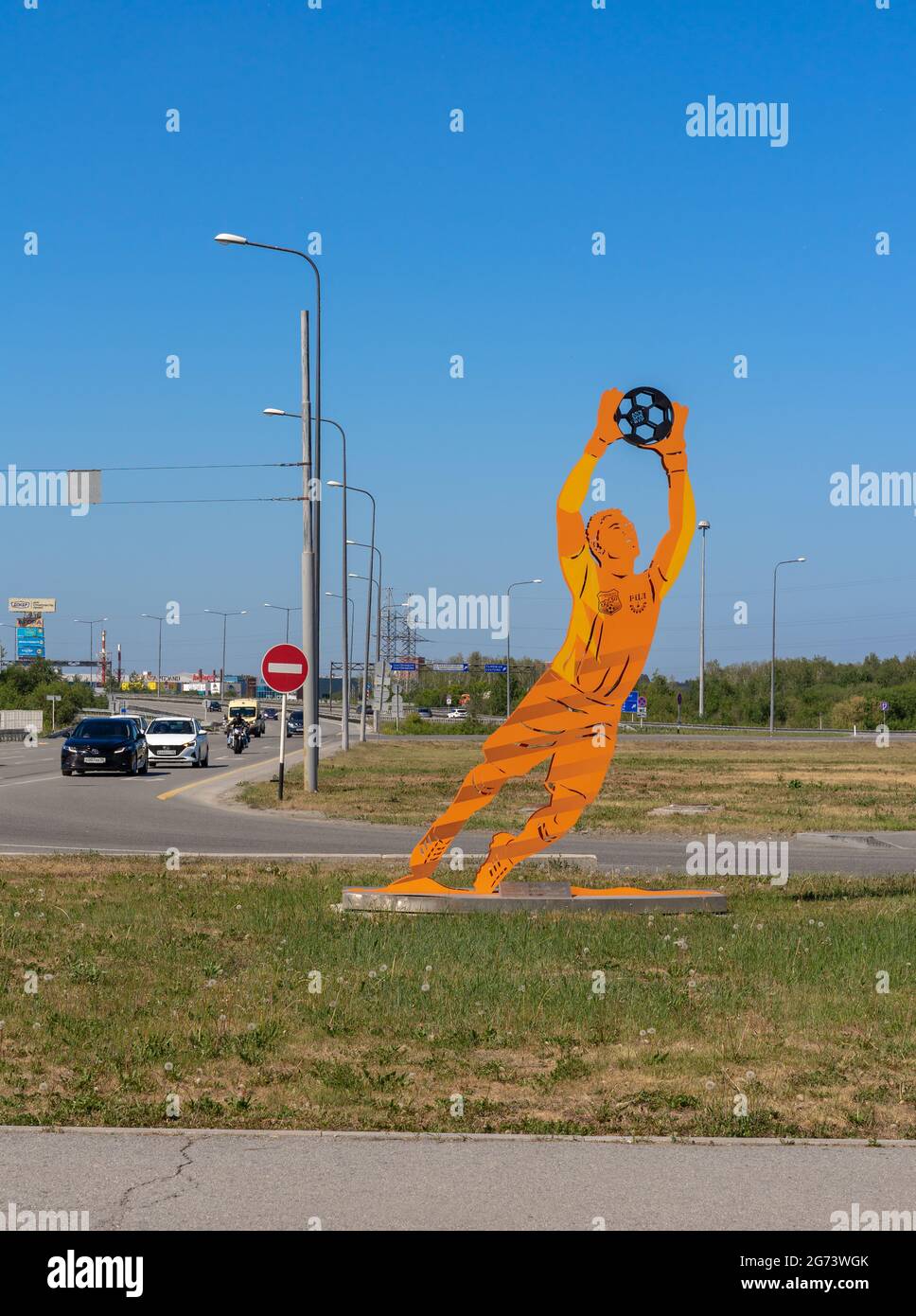 Goalkeeper monument, installed near airport of Koltsovo, Ekaterinburg, Russia prior to the FIFA tournament hosted in city. Stock Photo