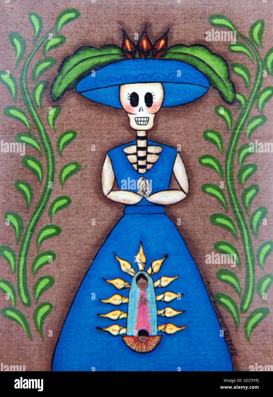 Day of the Dead image; photographic illustration; a skeleton woman in a blue dress, standing between two ferns Stock Photo