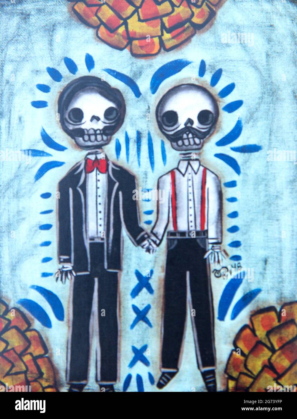Day of the Dead image; photographic illustration; a gay, male skeleton couple holding hands and smiling. Stock Photo