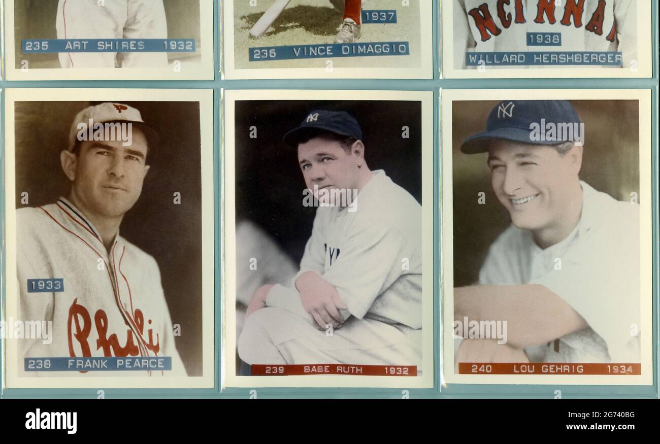 Antique photo/ baseball card collection including Babe Ruth and Lou Gehrig with the New York Yankees in the  1930s Stock Photo