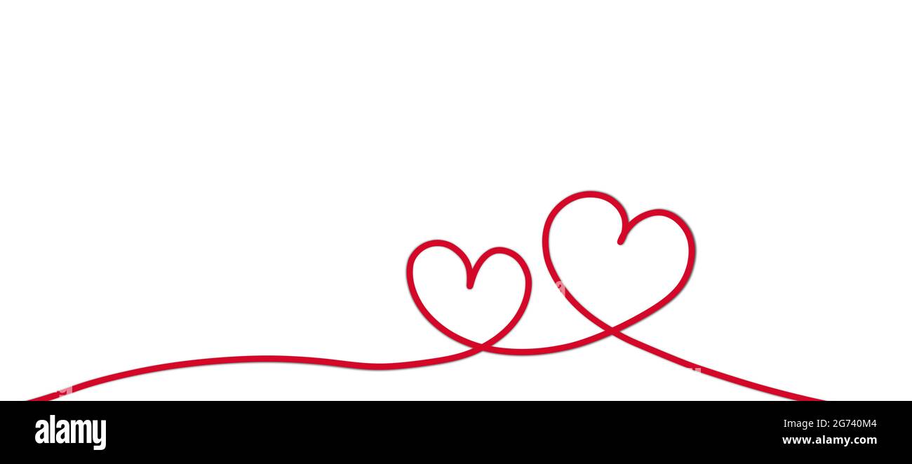 Continuous Line Of two heart Shape With drawing red Heart On white. illustration of love concept minimalism one hand drawn romantic theme. Stock Photo