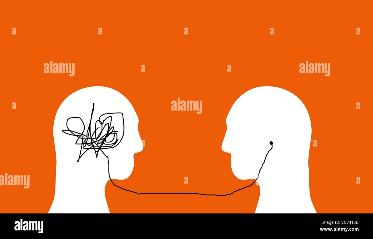 Two human brains (Psychologist vs Patient) Communicating face to face. Psychotherapy Concept. Orange Background. Stock Photo