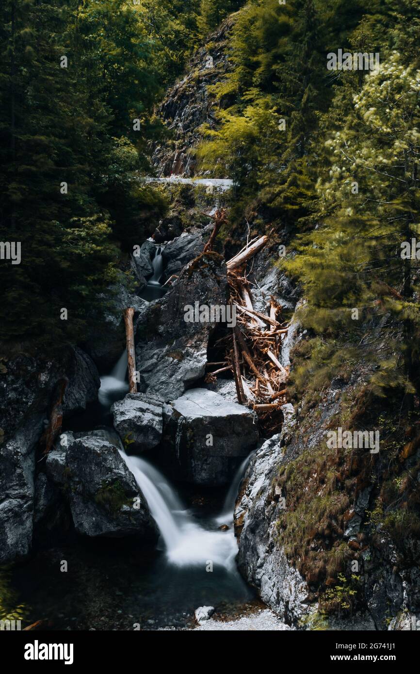 A vertical shot of a waterfall with long exposure in a forest covered ...