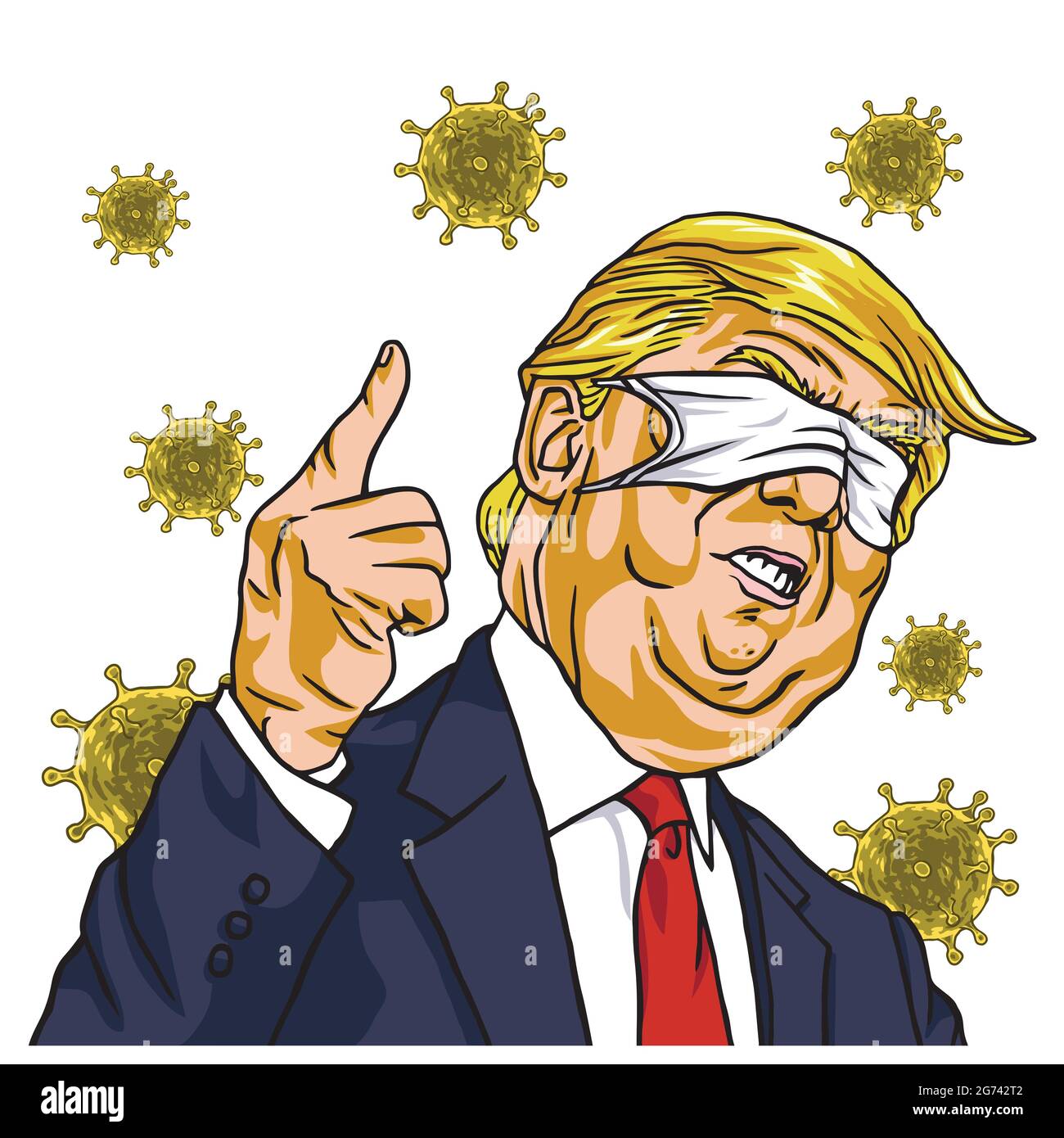 Donald Trump Wearing Corona Virus Mask on Face Blinded Eyes Cartoon Vector Drawing. March 12 , 2020 Stock Vector