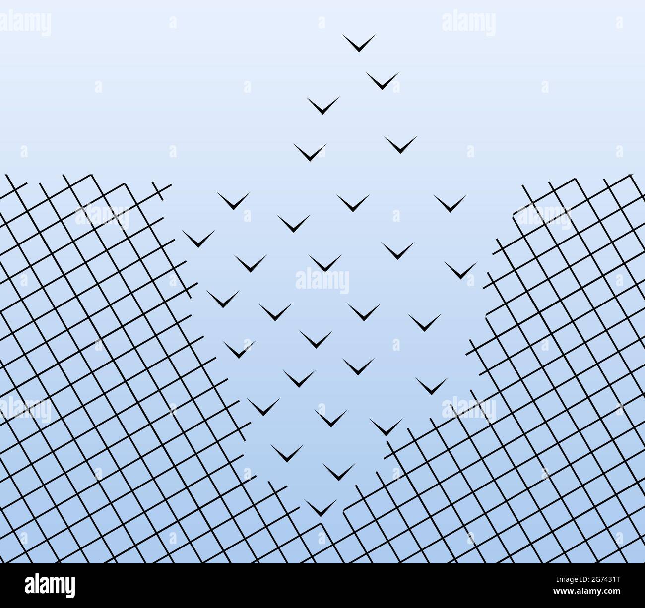 Mesh Fence Transforming into Free Birds Flying Away. Freedom, Success, Courage and Peace Concept. Conceptual illustration. Blue Clean Sky Stock Photo