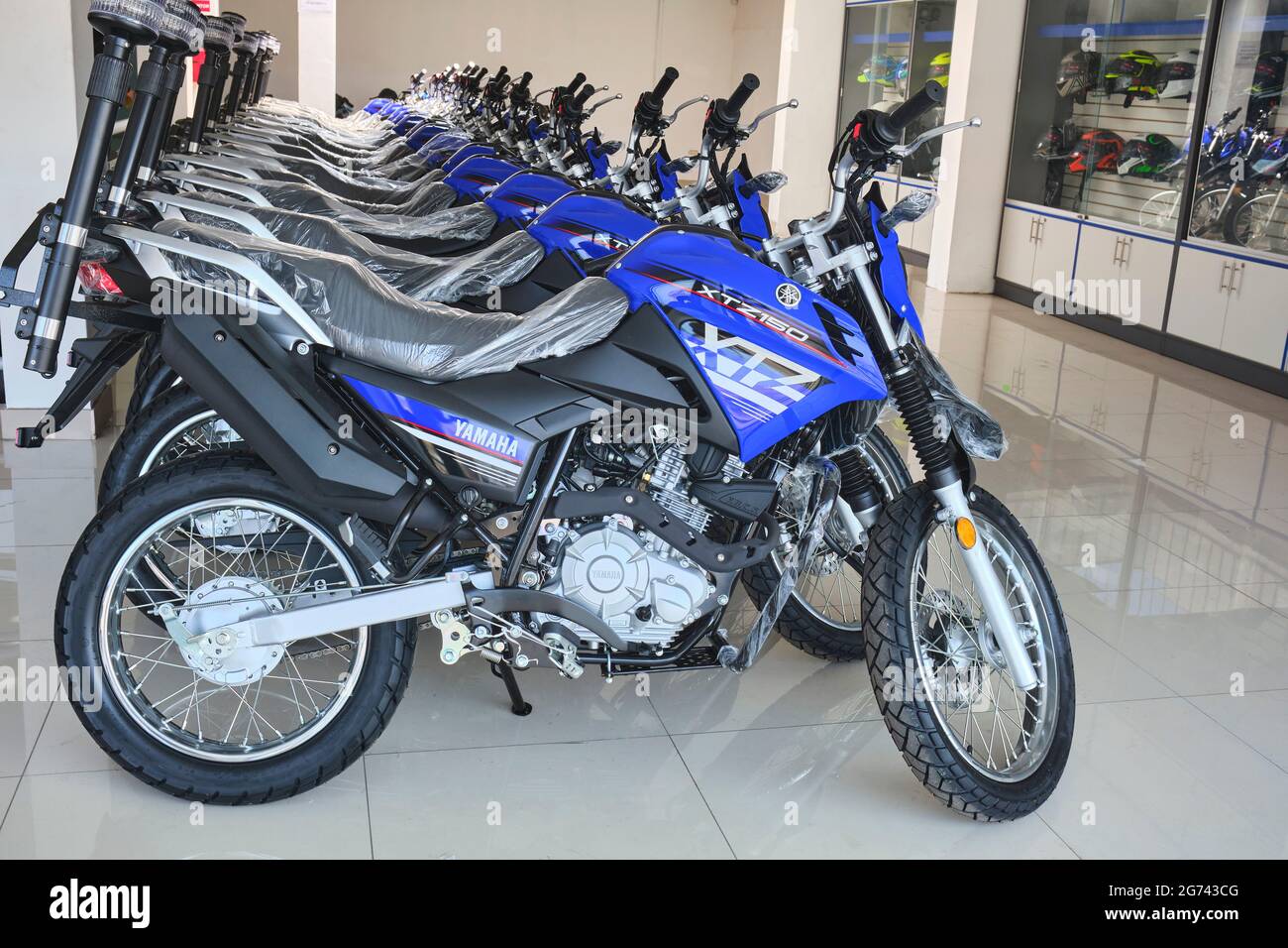 Lima, Peru Jul 08, 2021 Yamaha motorcycle store, Yamaha XTZ150, Motorcycles in the showroom