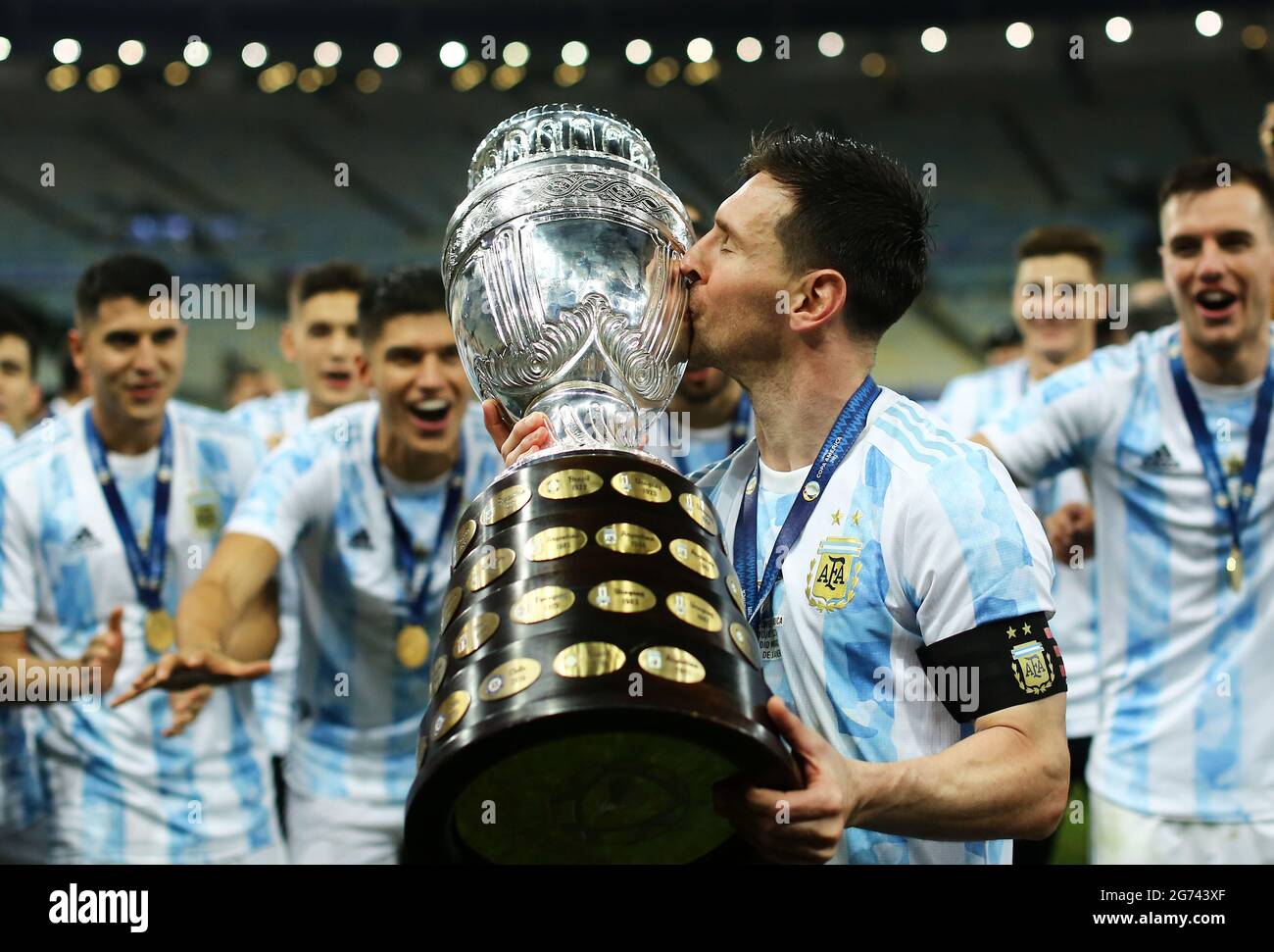 Rio De Janeiro, Brazil. 10th July, 2021. Lionel Messi and Argentina  celebrate with trophy after winning the final of Copa America 2021 a  football match between Argentina and Brazil 1-0 with the