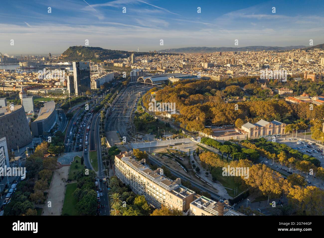 Aerial view of the maritime neighborhoods of Barcelona, with the Ciutadella Park in the foreground (Barcelona, Catalonia, Spain) Stock Photo