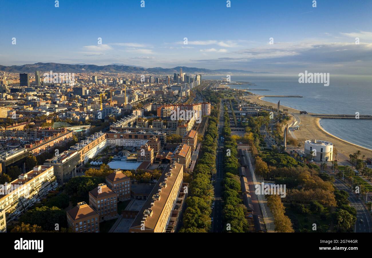 Aerial view of the maritime neighborhoods of Barcelona, with the Olympic Village in the foreground (Barcelona, Catalonia, Spain) Stock Photo