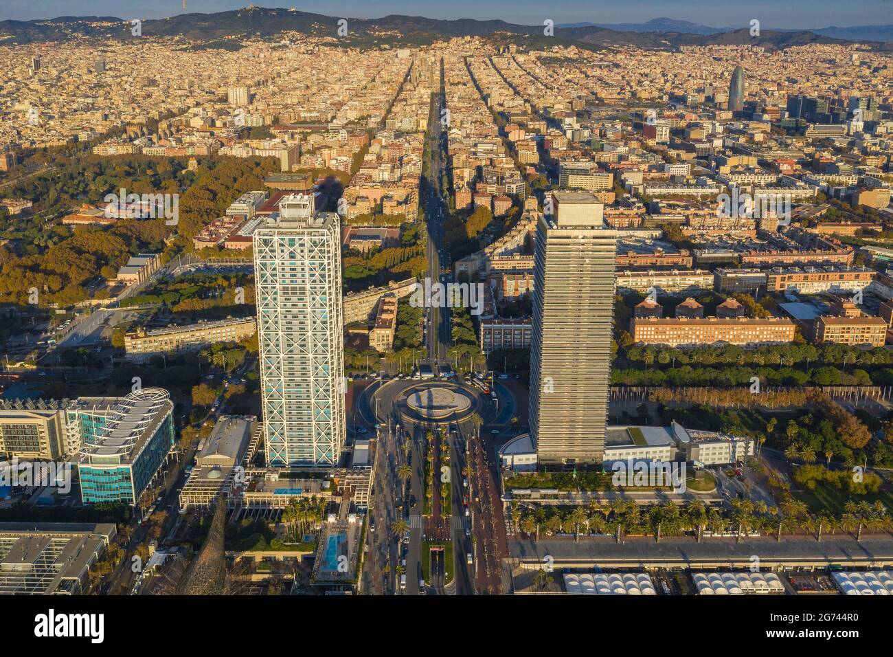 Aerial view of the Torres Mapfre (twin towers) in the Vila Olímpica district, in Barcelona, at sunrise (Barcelona, Catalonia, Spain) Stock Photo