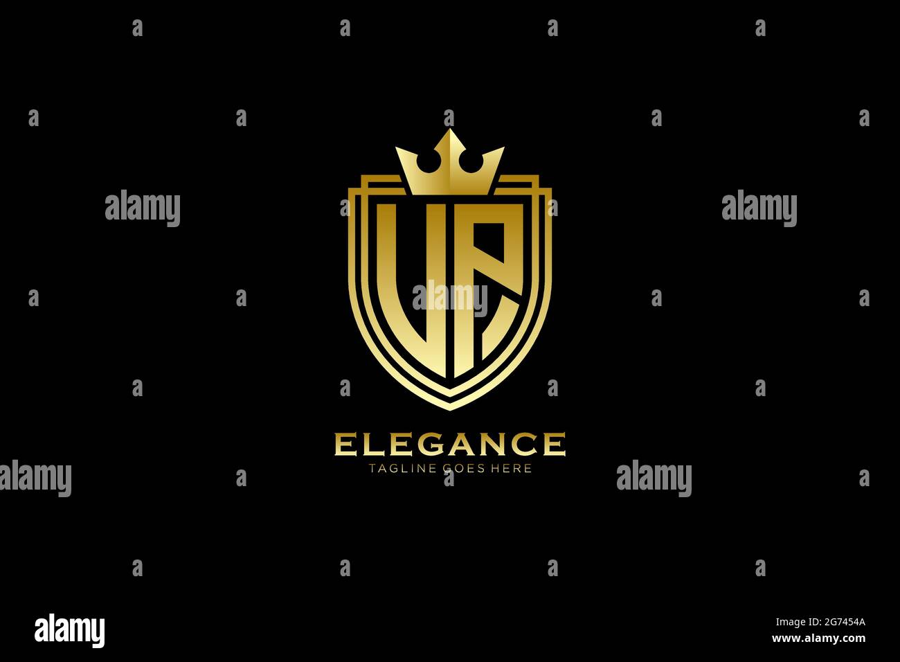 UP elegant luxury monogram logo or badge template with scrolls and royal crown - perfect for luxurious branding projects Stock Vector