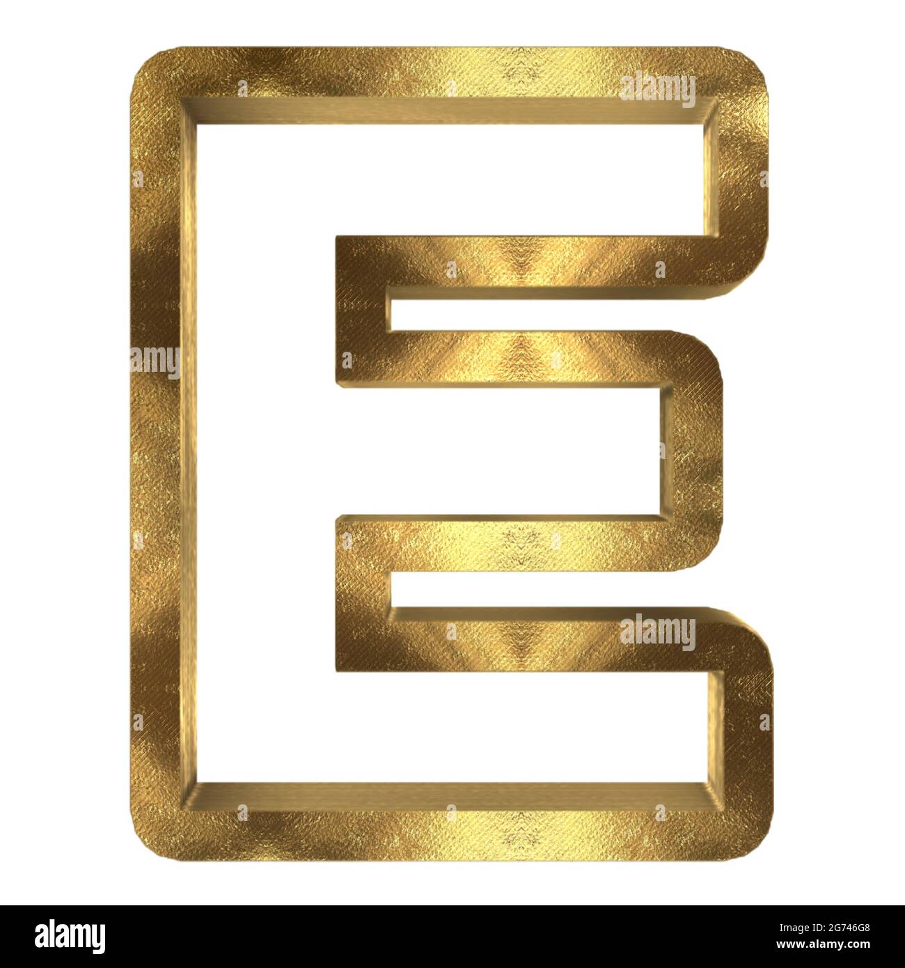 A 3D rendering of the golden "E" letter isolated on white background ...