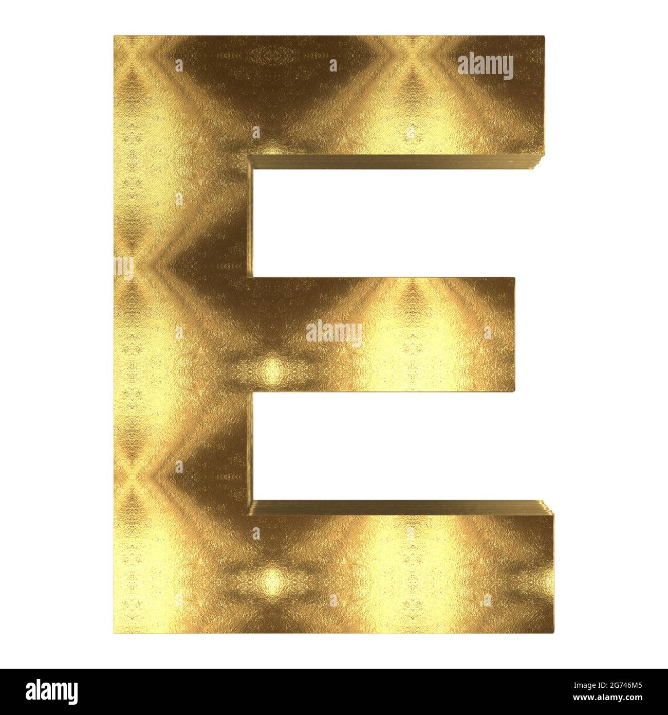 A 3D rendering of a golden metal alphabet letter E isolated on a white ...