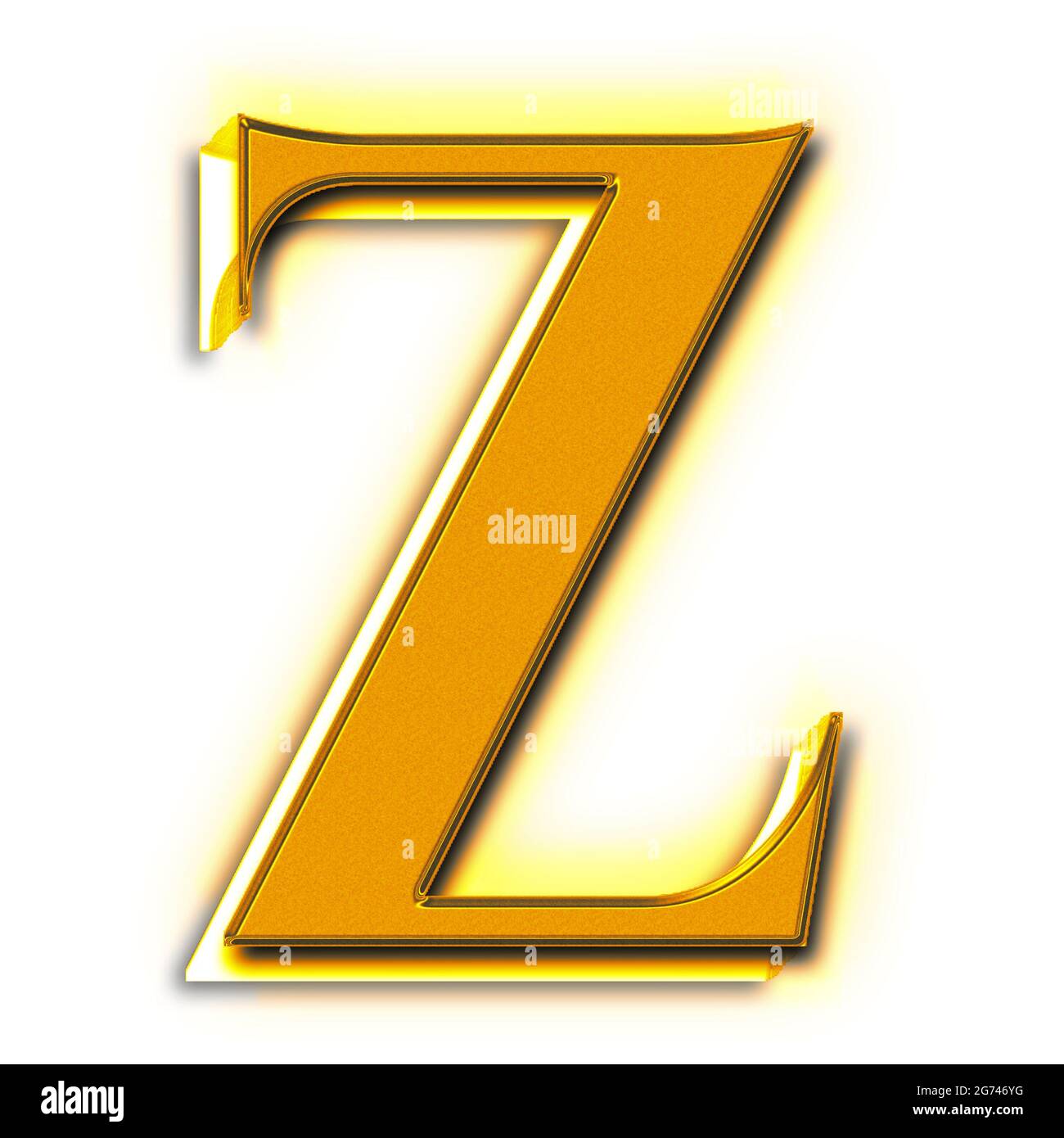 A 3D rendering of a golden alphabet letter Z isolated on a white ...