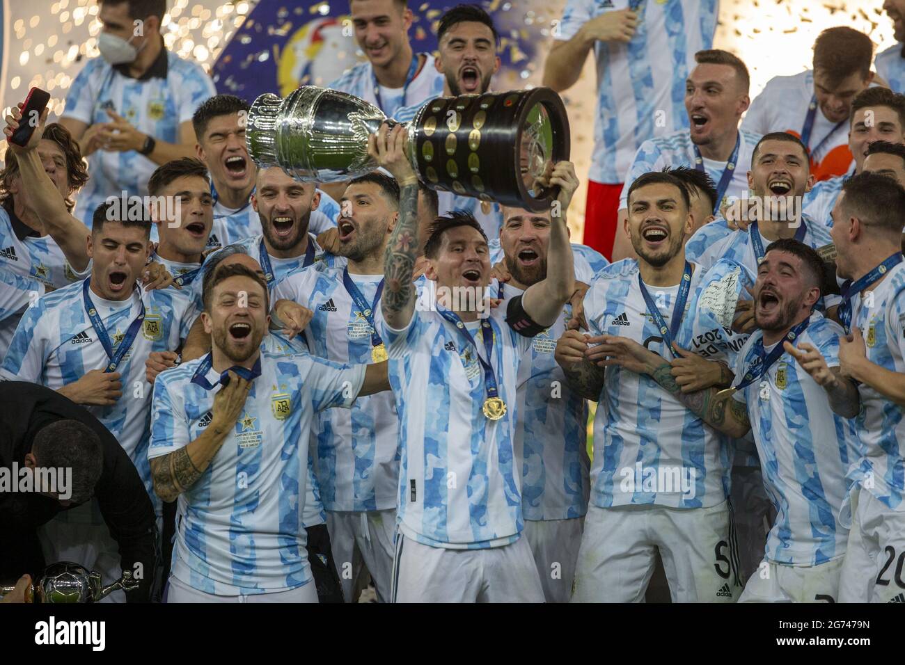 Rio De Janeiro, Brazil. 10th July, 2021. Lionel Messi and Argentina  celebrate with trophy after winning the final of Copa America 2021 a  football match between Argentina and Brazil 1-0 with the