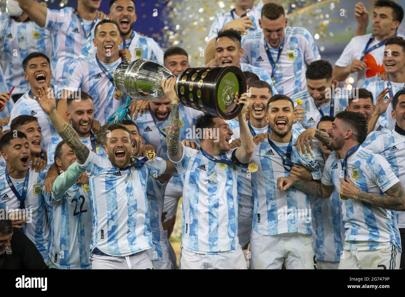 Rio De Janeiro, Brazil. 10th July, 2021. Lionel Messi and Argentina  celebrate with trophy after winning the final of Copa America 2021 a  football match between Argentina and Brazil 1-0 with the