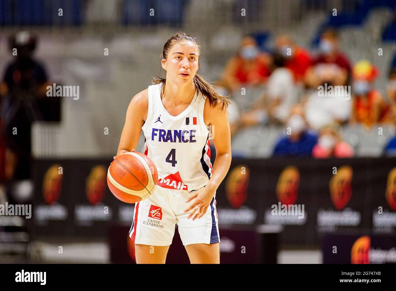 Malaga, Spain. 08th July, 2021. Marine Fauthoux in action during Spain vs  France friendly match of female basketball at Palacio de los Deportes Jose  Maria Martin Carpena previous to Tokyo 2020 Olympic