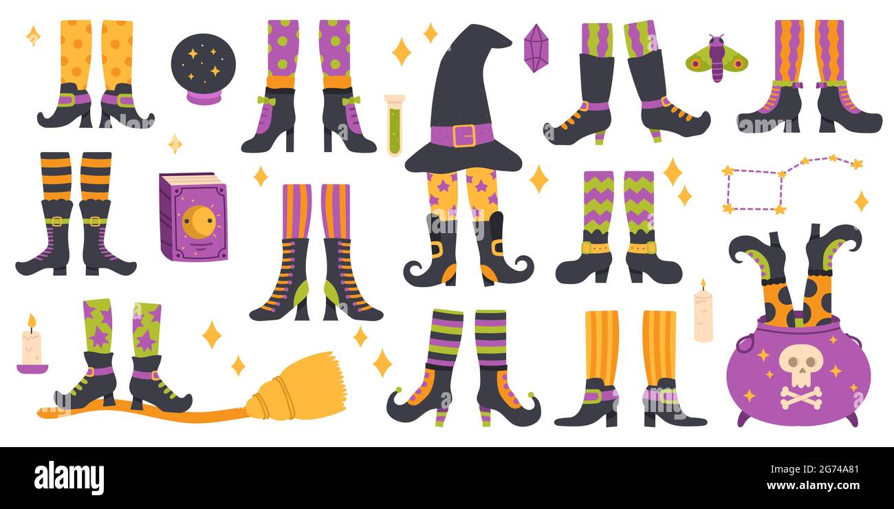 Halloween witch legs. Funny witch legs in striped socks and boots, witchcraft cauldron and hat vector symbols set. Scary halloween witch legs Stock Vector