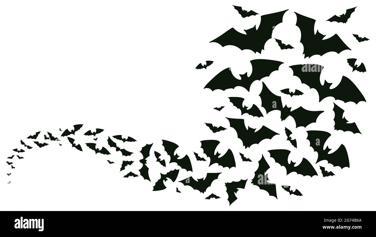 Flying halloween bats silhouettes. Bats flock flying wave, vampire flying winged spooky animals vector background illustration. Creepy halloween bats Stock Vector