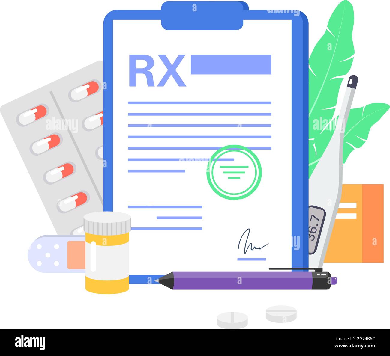 Rx medical prescription with medicines on a white background. Vector