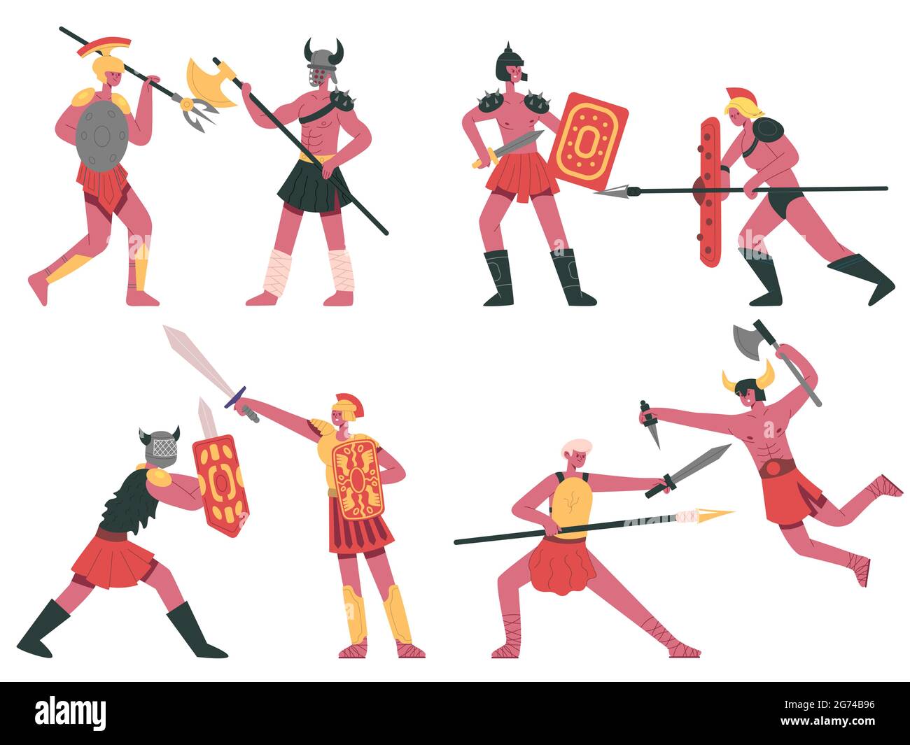 Fighting roman gladiators. Warlike armed greek warriors, roman battle gladiators cartoon vector illustration set. Ancient roman fighters Stock Vector